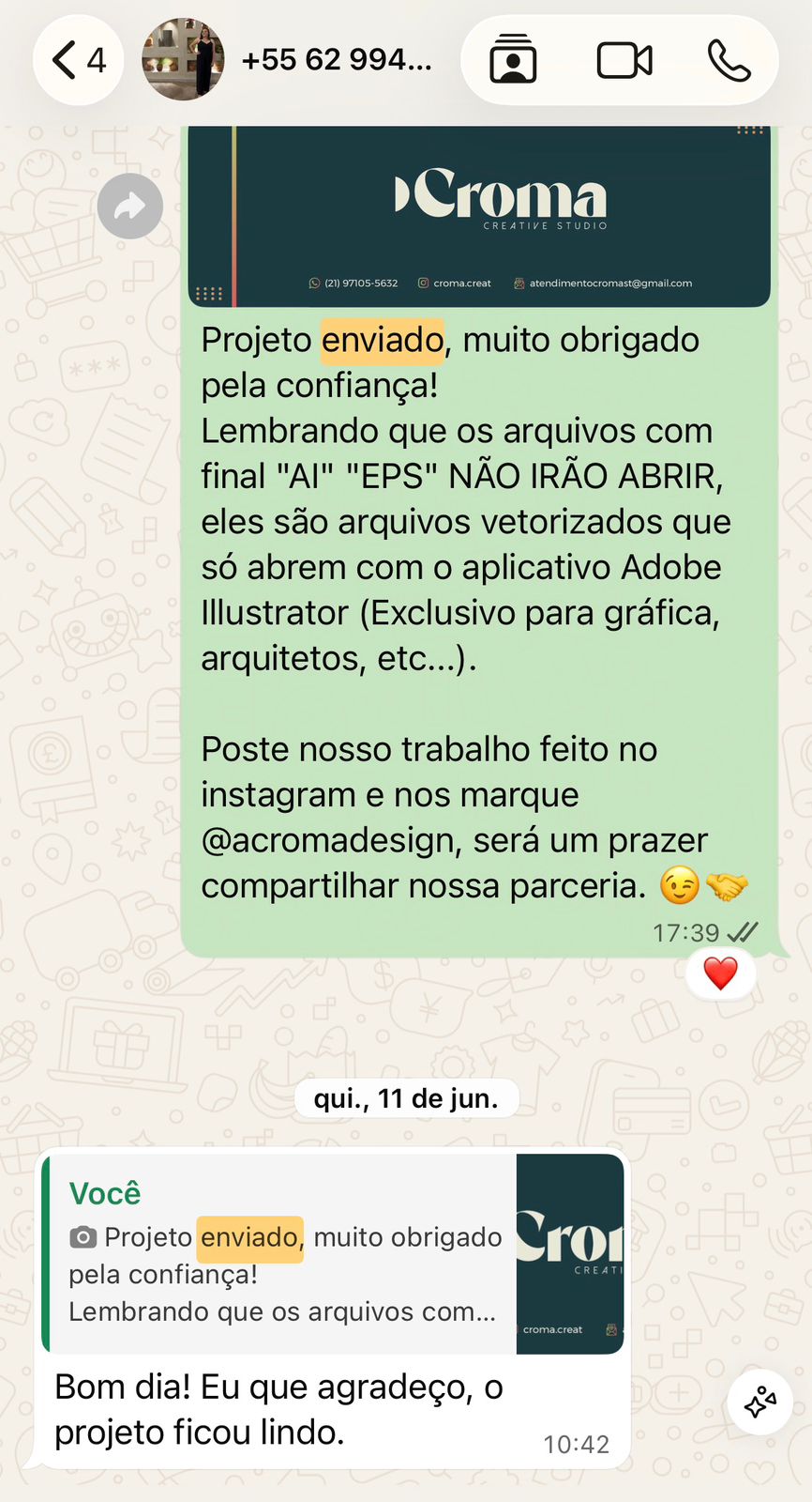 Depoimento de cliente da Croma no WhatsApp