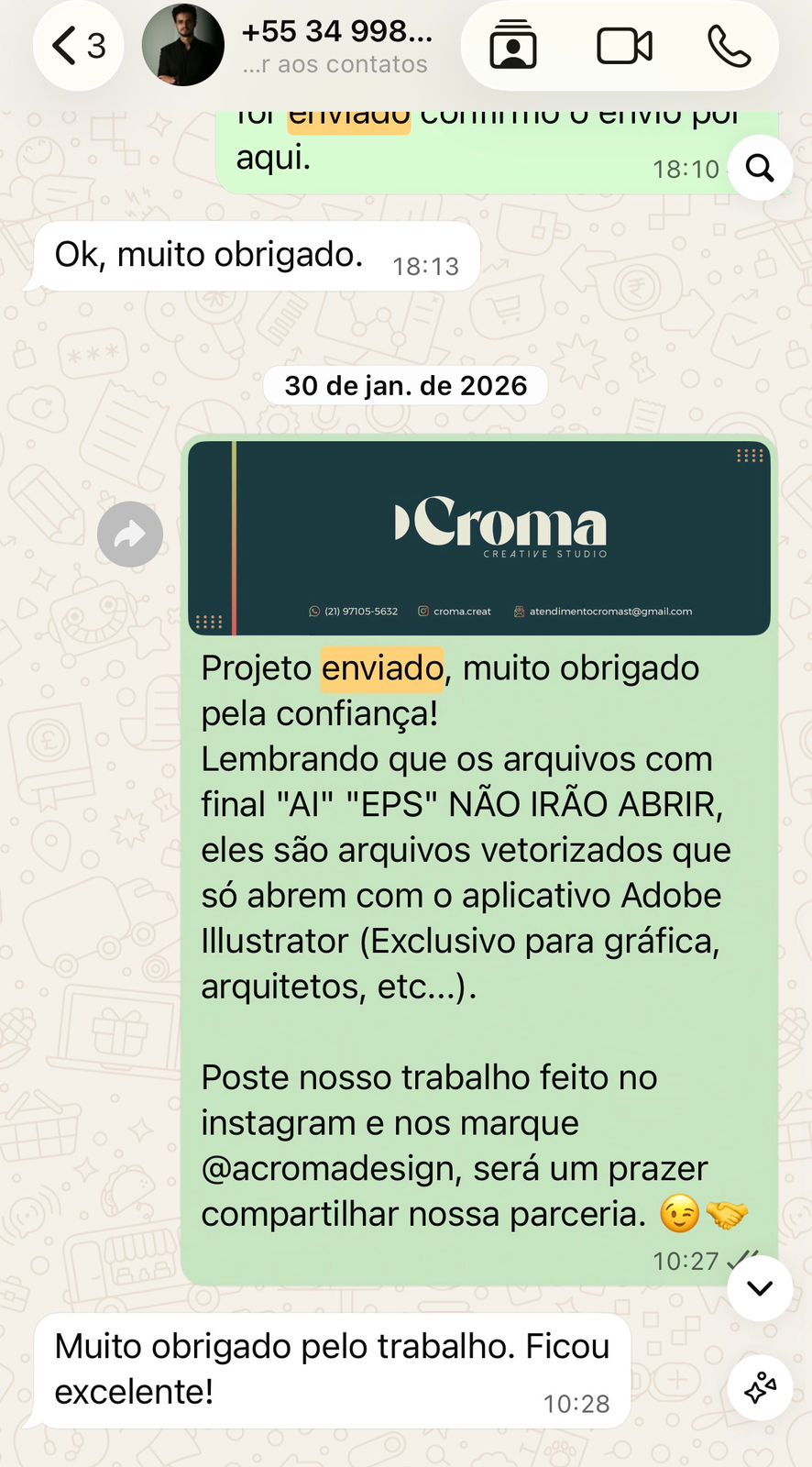 Cliente elogiando o resultado do projeto