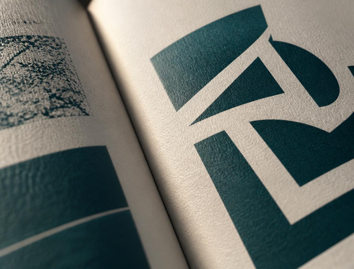 Detalhe de brand book impresso em papel uncoated com tinta petróleo